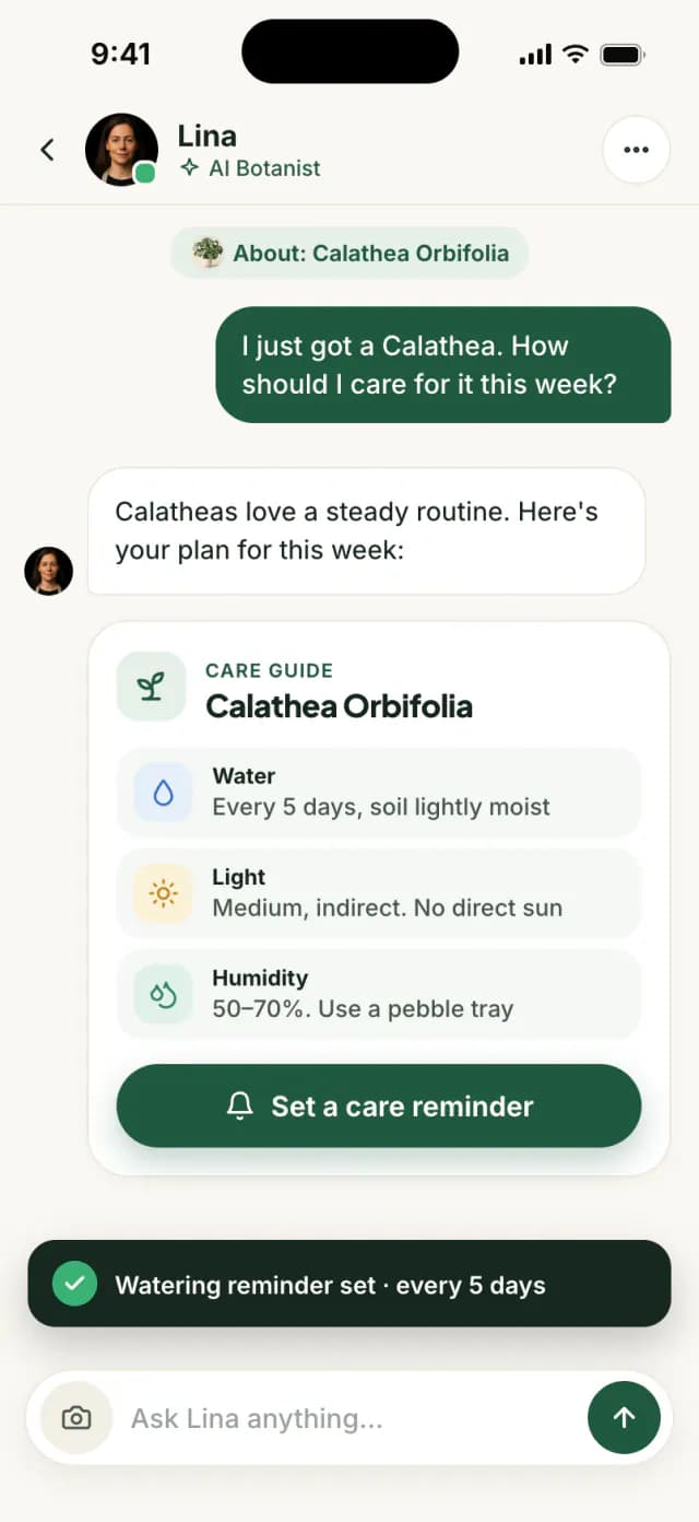 Lina, the AI plant assistant, turning Calathea care advice into a reminder