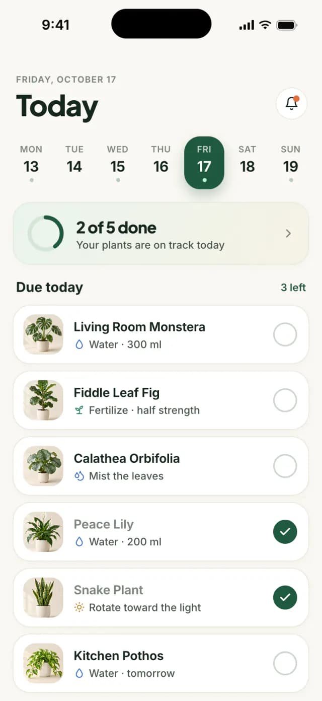 Today's plant care reminders, with tasks to check off