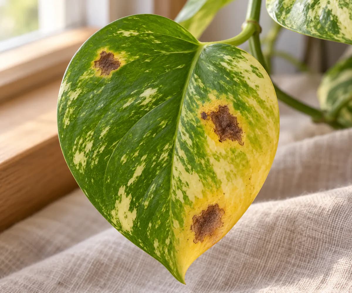 Golden pothos leaf yellowing at one edge, with three brown spots